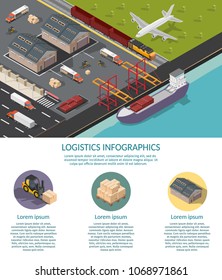 Logistics infographic low poly isometric illustration with transportation process global network.