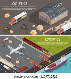 Logistics infographic low poly isometric illustration with transportation process global network horizontal banners.