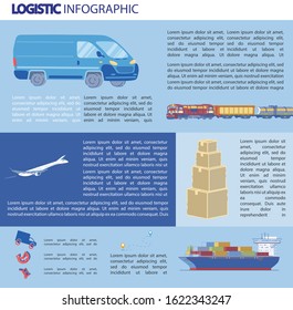 Logistics Infographics, Bulky Transportation. Different Types Transport for Transporting Goods over Long Distances. White Plane Flies in Blue Sky. Train Transports Containers with Goods.