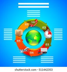 Logistics infographics, objects in arrows around earth globe on blue background