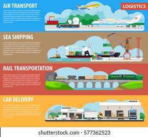 Logistics infographics for shipment cargos types. Banners for air freight or aircraft transport, sea shipping, rail transportation and car delivery. Vector flat templates design