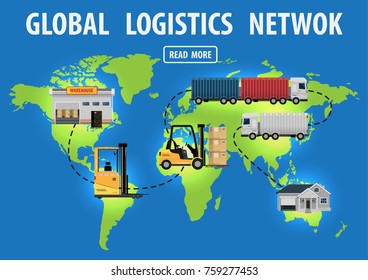 Logistics infographics. A world map with logistical elements. Trade and delivery of goods around the world, global logistics network concept vector illustration flat