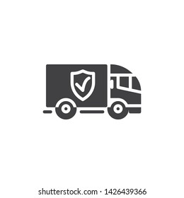 Logistics insurance vector icon. filled flat sign for mobile concept and web design. Delivery truck with protection shield glyph icon. Symbol, logo illustration. Vector graphics