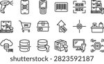 Logistics Inventory and Barcode Scanner Line Art Icon Set with QR Codes Warehouse Pallets Databases and Retail POS Symbols