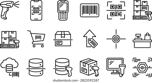 Logistics Inventory and Barcode Scanner Line Art Icon Set with QR Codes Warehouse Pallets Databases and Retail POS Symbols