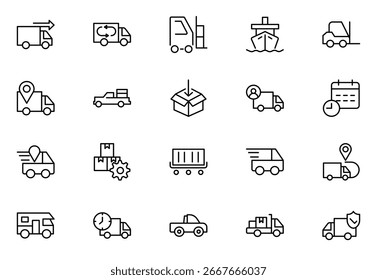 Logistics and inventory line icon set highlighting boxes, warehousing, and delivery features. Thin outline icons pack. Vector illustration. editable stroke