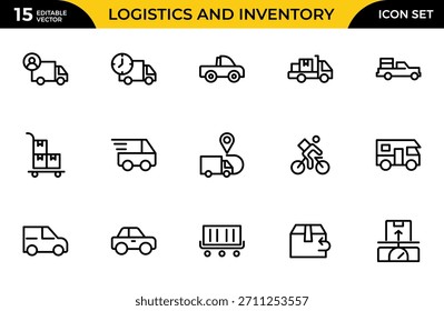 Conjunto de iconos de líneas de logística e inventario que destacan las características de cajas, almacenamiento y entrega. Paquete de iconos de contorno delgado. Ilustración vectorial