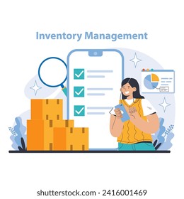 Logistics and Inventory Management concept. Depicts meticulous stock verification and data analytics for optimal warehouse organization. Highlights modern inventory control with a focus on precision.