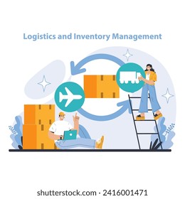 Logistics and Inventory Management concept. Visualizing seamless coordination of storage and transportation in supply chain operations. Features digital tracking and efficient space utilization.