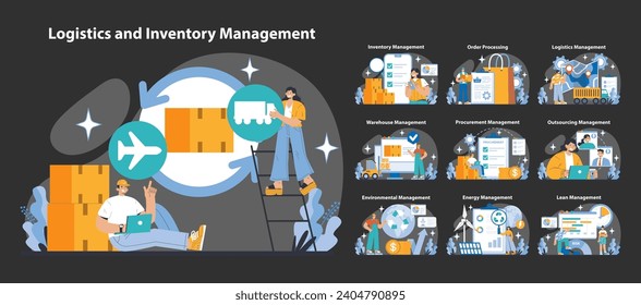 Logistics and Inventory Management night or dark mode set. Streamlining supply chain efficiency with comprehensive operational solutions. Flat vector illustration.