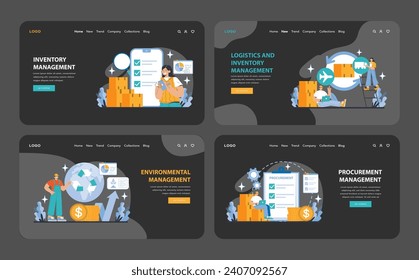 Logistics and Inventory Management night or dark mode web or landing page set. Depicts key areas of inventory, logistics, environmental, and procurement management with interactive digital layouts.