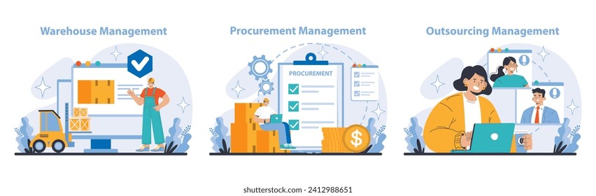 Logistics and Inventory Management set. Illustrates warehouse organization, smart procurement strategies, and effective outsourcing operations. Flat vector illustration.