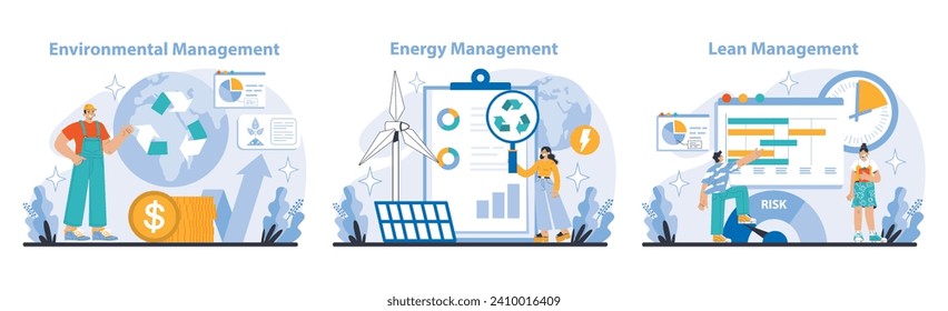 Conjunto de gestión de logística e inventario. Muestra la administración ambiental, la integración de energías renovables y la gestión de la eficiencia basada en la eficiencia. Ilustración vectorial plana.