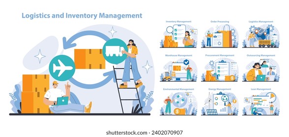 Logistics and Inventory Management set. Streamlining supply chain efficiency with comprehensive operational solutions. Detailed scenes of procurement, warehouse, and environmental oversight.