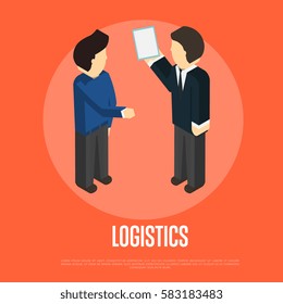 Logistics isometric banner with people vector illustration. Cooperating delivery manager and warehouse worker, teamwork concept. Freight delivery and distribution company, logistics management