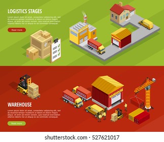 Logistics isometric horizontal banners with steps of delivery and transportation processes vector illustration