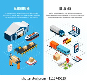 Logistics isometric horizontal banners with warehouse and delivery service on colorful background 3d isolated vector illustration