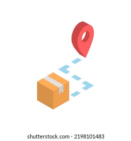 Logistics, isometric icon. Shipping a package to its destination. The box and path to map pin