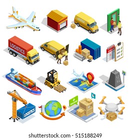 Logistics Isometric Icons Set Of Different Transportation Distribution Vehicles And Delivery Elements Isolated Vector Illustration