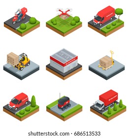 Logistics isometric icons set of different transportation distribution vehicles and delivery elements isolated vector illustration Delivery and storage concept infographics with flat