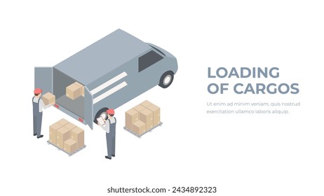 Logística. Elemento de infografía isométrica o icono que representa paletas de carga de carretillas elevadoras y carretillas elevadoras con cajas de cartón.