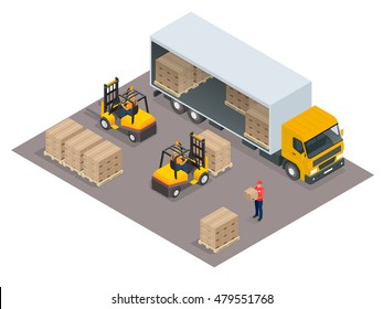 Logistics. Isometric Infographic Element Or Icon Representing Box Truck And Forklift Loading Pallets With Cardboard Boxes. 