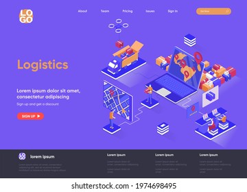 Logistics isometric landing page. Express delivery service, global freight shipping, warehousing and distribution isometry web page. Website flat template, vector illustration with people characters.