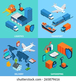 Logistics isometric set with transport safekeeping delivery 3d icons isolated vector illustration