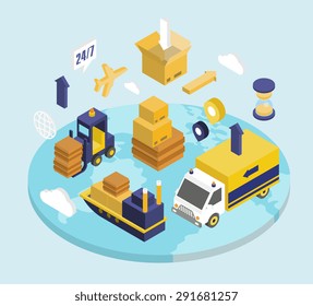 Logistics isometric set with transport safekeeping delivery 3d icons isolated vector illustration