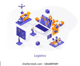 Logistics isometric web banner. Express delivery, logistics company isometry concept. Freight shipping 3d scene, warehousing and distribution flat design. Vector illustration with people characters.