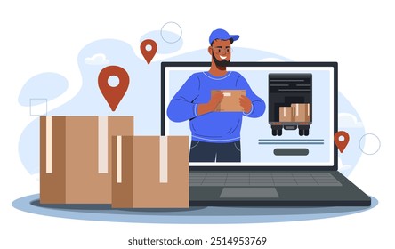 Logistics at laptop concept. Man with cardboard boxes on laptop screen. Online shopping, electronic commerce and home delivery. Shipping and transportation. Flat vector illustration