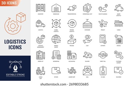 Conjunto de iconos editables de la línea de logística. Contiene iconos: distribución, envío, transporte, entrega, carga, carga, cadena de suministro, exportación e importación y más. Ilustración vectorial