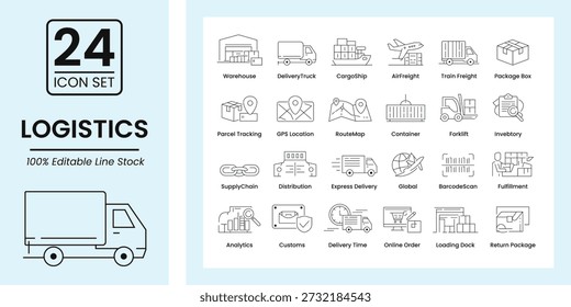 Logistics line editable set stock icon set. Global Shipping, Express Delivery, Return Package, Online Order, Delivery Time, CargoShip, Parcel Tracking