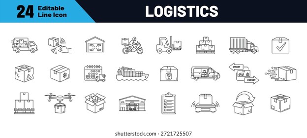 Logistics line icon set. Containing shipping, delivery, distribution, cargo, freight and transportation. Editable stroke icons. Vector illustration.