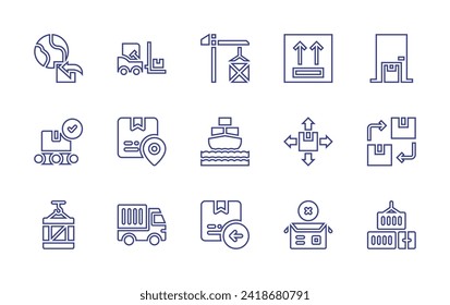 Logistics line icon set. Editable stroke. Vector illustration. Containing import, home delivery, box, renewable, package, containers, cargo crane, side up, forklift, cargo, location, return box, truck