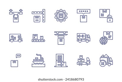 Logistics line icon set. Editable stroke. Vector illustration. Containing delivery truck, globe, package, overload, product management, classification, drone, truck, conveyor belt, door delivery.