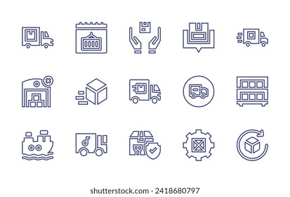 Logistics line icon set. Editable stroke. Vector illustration. Containing express delivery, logistics, delivery, package, calendar, consultation, shipment, fulfillment, delivery van, no stock, shelf.