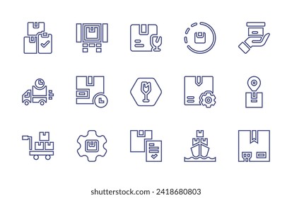 Logistics line icon set. Editable stroke. Vector illustration. Containing verification, logistics, loaded truck, box, delivery truck, package, delivery time, trolley, gear, cargo ship, fragile parcel.