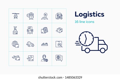 Logistics line icon set. Map, train, parcel. Transportation concept. Can be used for topics like travel, delivery, shipping
