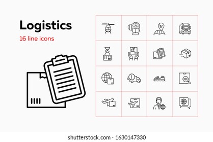 Logistics line icon set. Map, train, parcel. Transportation concept. Can be used for topics like travel, delivery, shipping