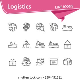 Logistics line icon set. Worlwide export and packaging concept.Vector illustration can be used for topics like marine, transportation, export