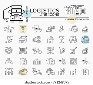 Logistics line icons with minimal nodes and editable stroke width and style