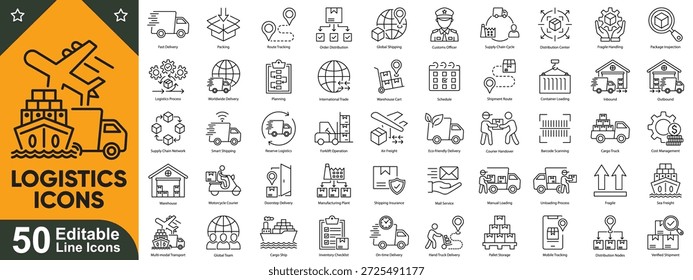 Logistics line icons set. Shipping, delivery, cargo, supply chain, freight, import export editable vector.