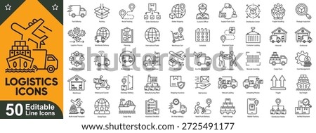 Logistics line icons set. Shipping, delivery, cargo, supply chain, freight, import export editable vector.