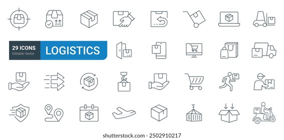 Logistics line Icons set vector. Contains such Icons as delivery, logistic, shipping, supply, transport, warehousing, inventory, and shipment icons