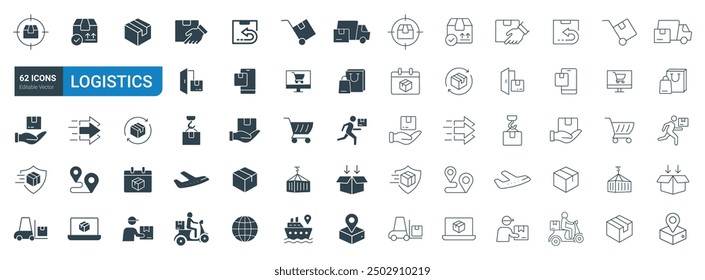 Logistics line and solid Icons set vector. Contains such Icons as delivery, logistic, supply, transport, warehousing, inventory, and shipment icons