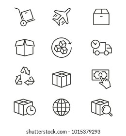 Logistics - line vector icon set. Editable stroke. Container, cargo, transportation, box, van, ets.