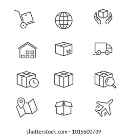 Logistics - line vector icon set. Editable stroke. Container, cargo, transportation, box, van, map, ets.