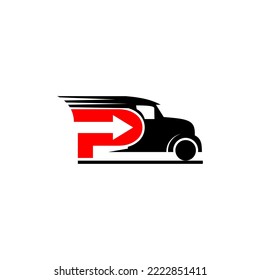 Logistics logo, red arrow to the right, old black truck, letter P.