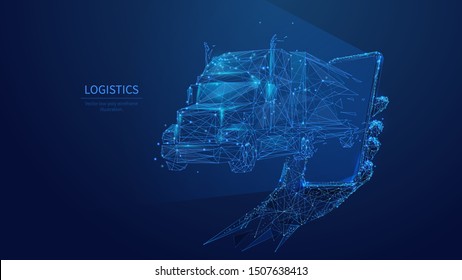 Logistics low poly art illustration. 3d polygonal truck and phone. Online delivery service concept with connected dots and lines. Goods shipment and distribution vector color wireframe mesh